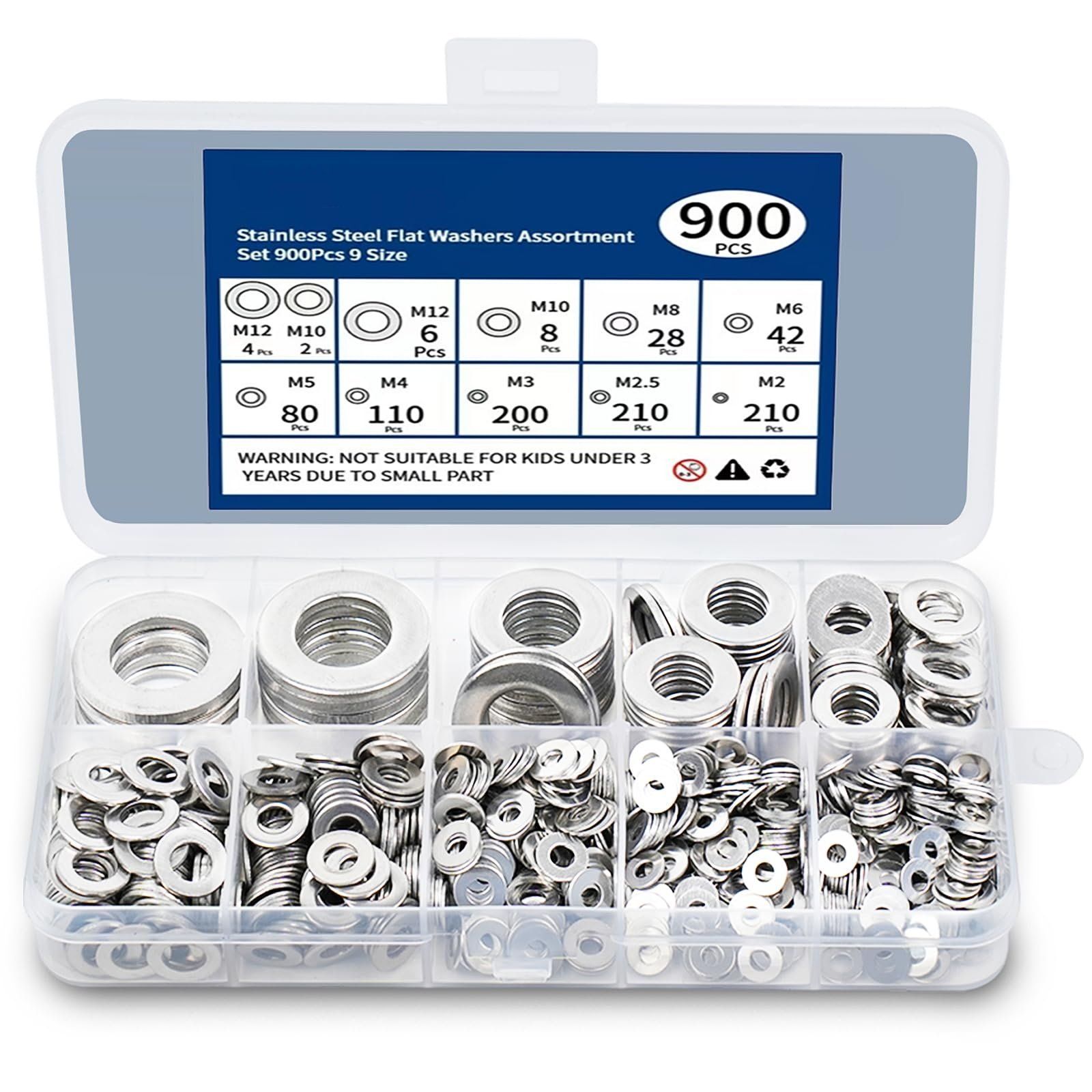 Professional 900-Piece 304 Stainless Steel Flat Washer Assortment