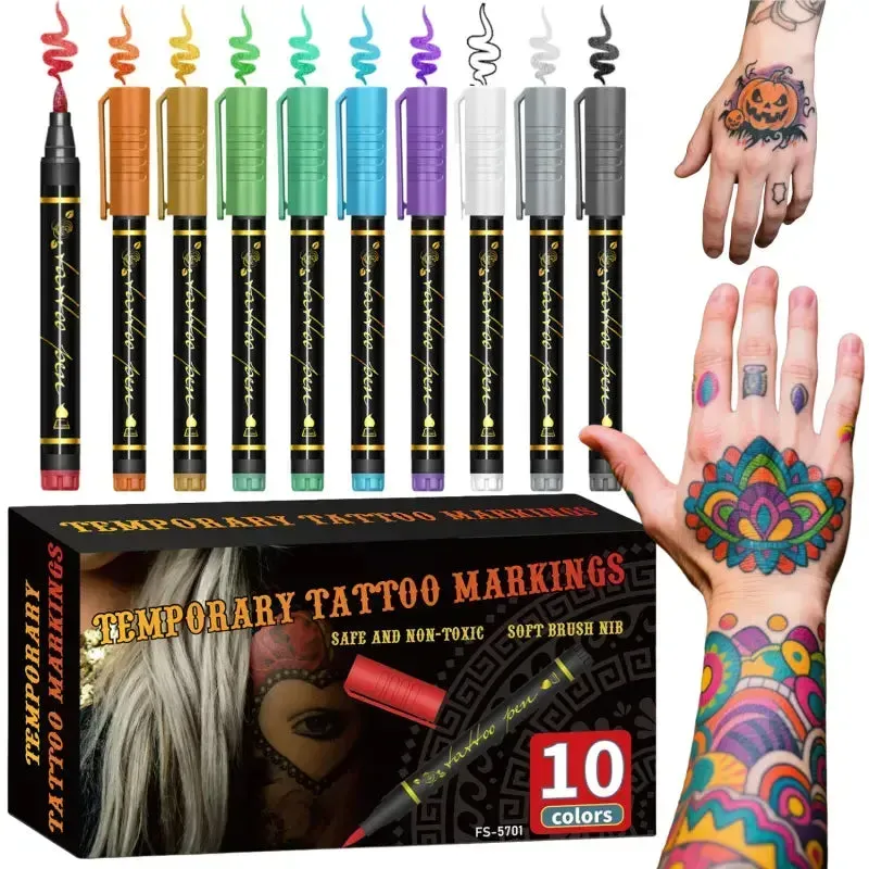 🥳2026 HOT SALE🎨✨Temporary Tattoo Markers – 10-15 vivid colours, flexible brush tip, waterproof & non-toxic. Perfect for Halloween & face art! 🎃💚