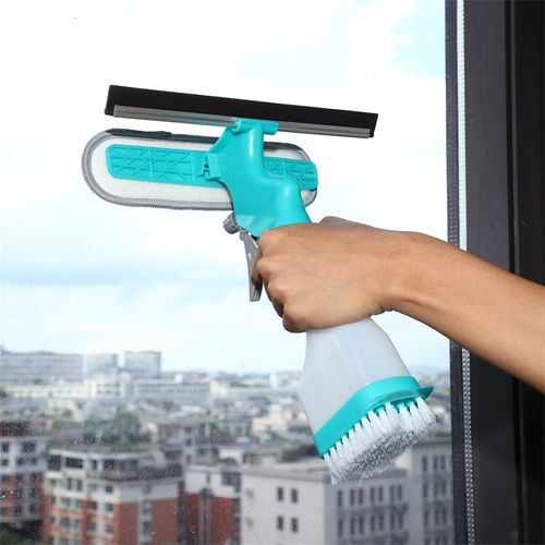 4-in-1 Glass Cleaner - Combines wiper, scraper, brush and spray bottle