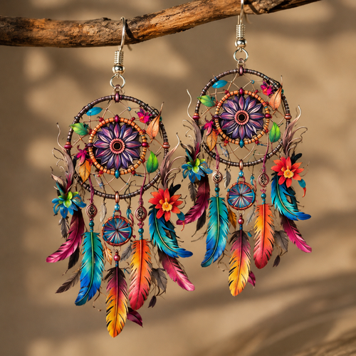 Boho Dreamcatcher Feather Earrings - Colorful Feathers