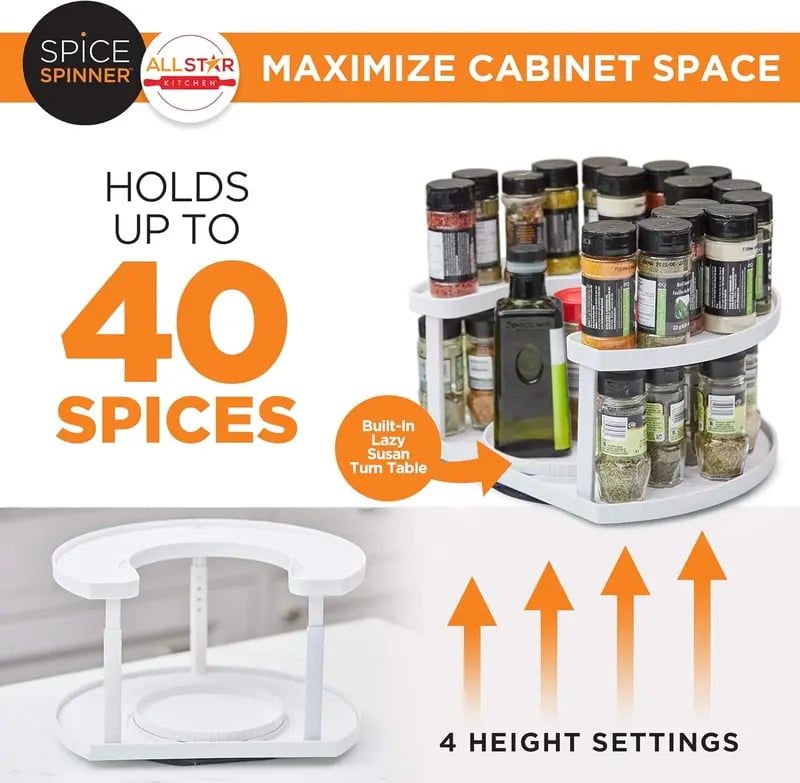 2-Tier Spice Rack Organizer for Cabinet | Rotating Lazy Susan Spice Organizer Holds 40 Spice Jars | Countertop & Pantry Spice Shelf for Kitchen Organization & Storage