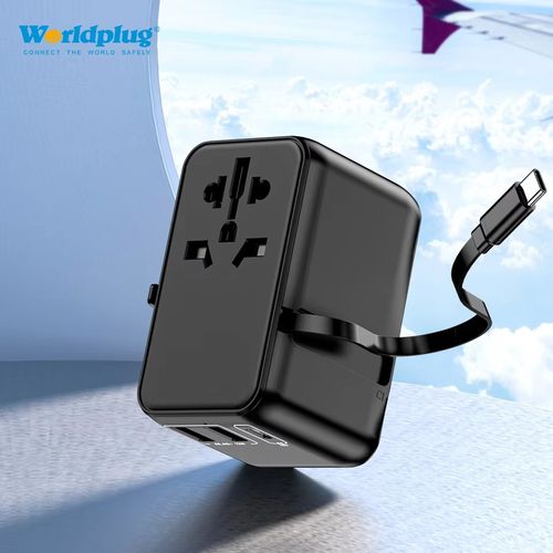 Worldplug International World Power Adaptor Wall Charger Multifunction PD 20W Fast Charger Travel Adapter with Retractable Cable