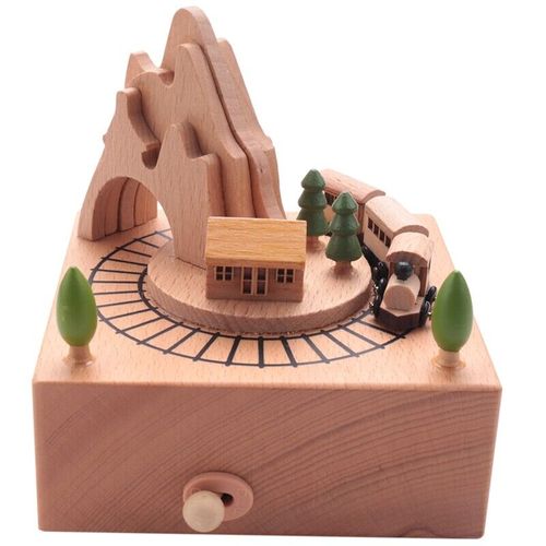 Wooden Musical Box Featu Mountain Tunnel With Small Moving Magnetic Train Playh