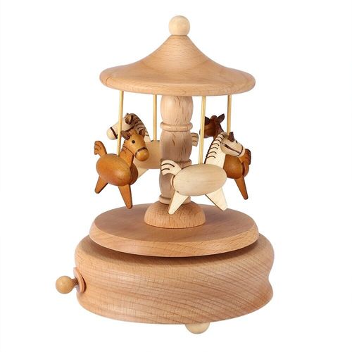Carousel Music Box, Natural Beech Wood 4-Horse Carousel