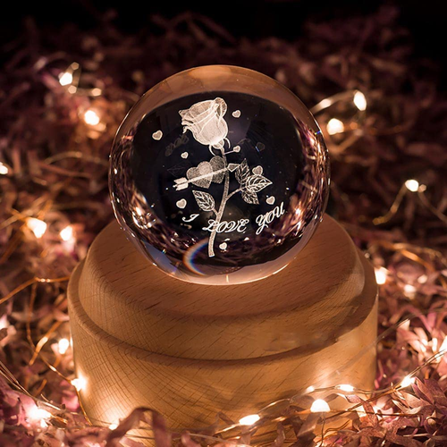 3D Crystal Ball Music Box,7-Color Luminous Rotating Musical Box with Rose