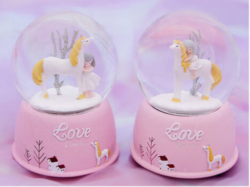 3D Crystal Ball Music Box with Projection LED Light and Rotating Wooden Base