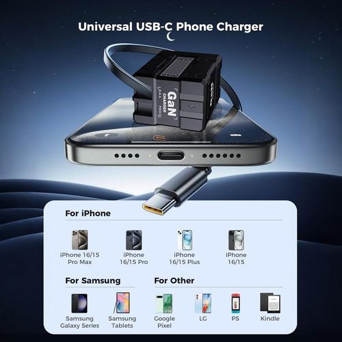 120W fast charger with retractable Type-C and Lightning cables.