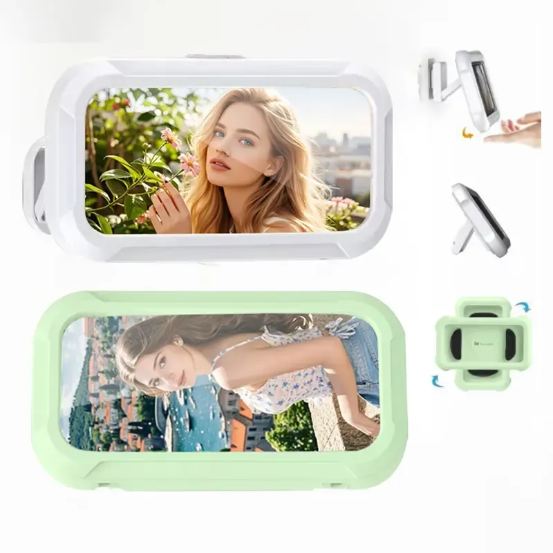 A full-range shower phone holder that rotates 360° and allows for adjustable viewing angle.