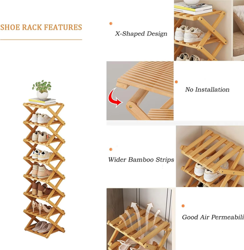 8 Layer Foldable Bamboo Shoe Rack X Shaped Space Saving