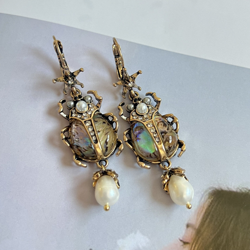 Vintage Style Rhinestone Beetle Pearl Earrings