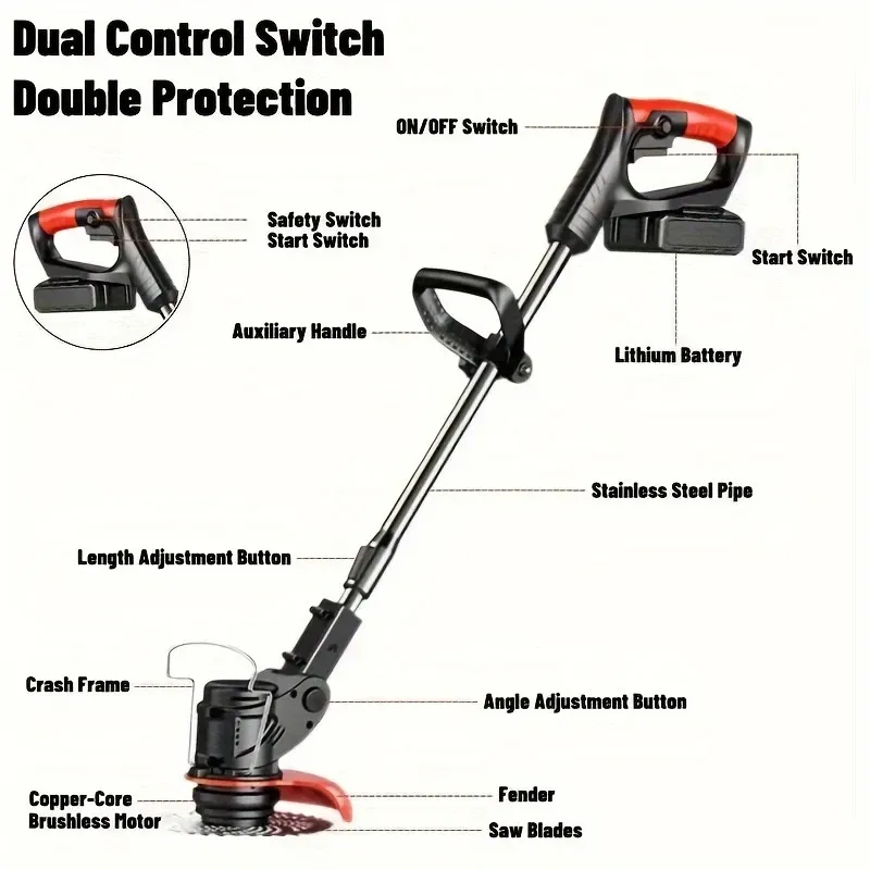Electric Lawn Mower 24V with 2 Lithium Batteries 3 Kinds Of Blades Weed Wacker Lithium Battery Cordless Handheld Lawn Mower for Small to Medium-Sized Lawns and Gardens