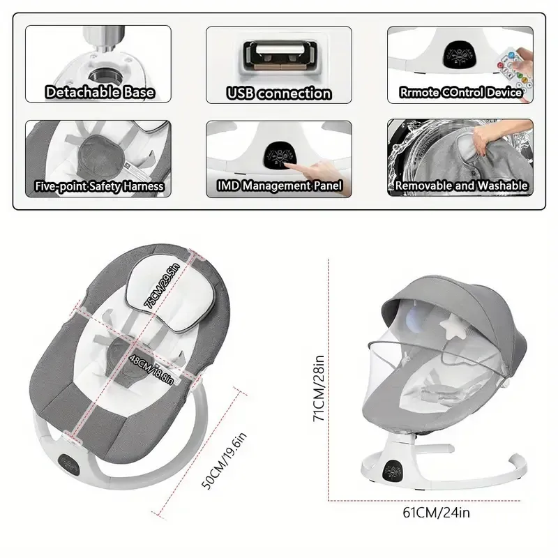 Portable 5 Speed Rocker with Music, Remote Control, and Touch Screen for - Suitable for 0-9 Months, 5-20 lbs, Gray