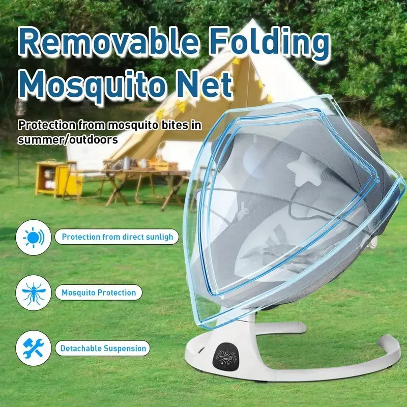 Portable 5 Speed Rocker with Music, Remote Control, and Touch Screen for - Suitable for 0-9 Months, 5-20 lbs, Gray