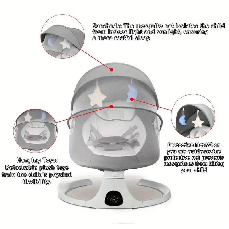 Portable 5 Speed Rocker with Music, Remote Control, and Touch Screen for - Suitable for 0-9 Months, 5-20 lbs, Gray