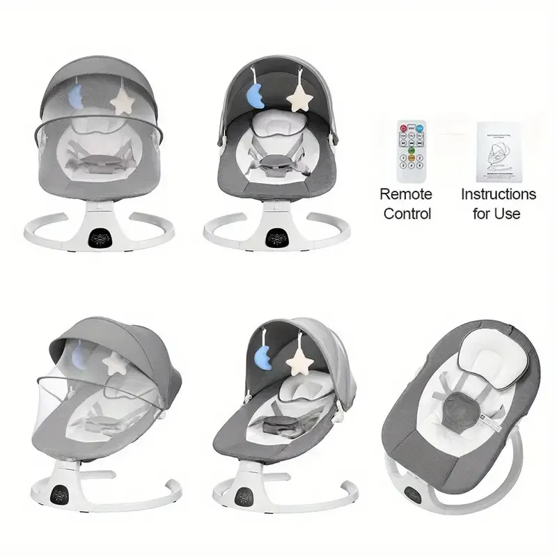 Portable 5 Speed Rocker with Music, Remote Control, and Touch Screen for - Suitable for 0-9 Months, 5-20 lbs, Gray