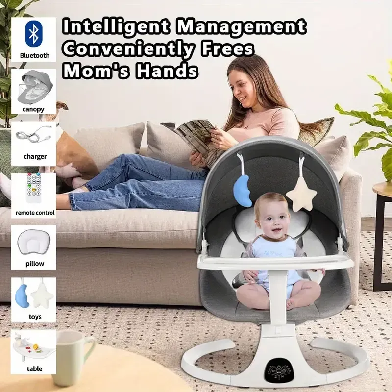 Portable 5 Speed Rocker with Music, Remote Control, and Touch Screen for - Suitable for 0-9 Months, 5-20 lbs, Gray