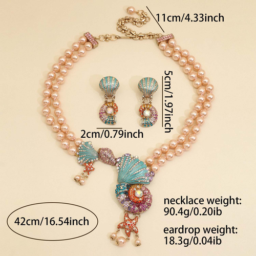 Statement Colorful Rhinestone Shell Pearl Necklace Earrings Set