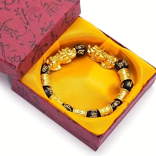 Gold Pixiu Obsidian Bracelet Mantra Beads Good Luck Jewelry