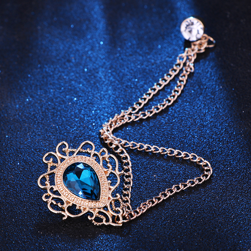 2Pcs Men's Ornate Blue Crystal Chain Brooch