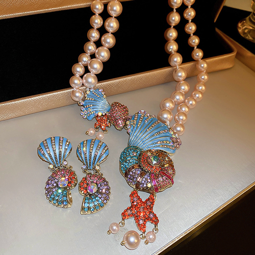 Statement Colorful Rhinestone Shell Pearl Necklace Earrings Set