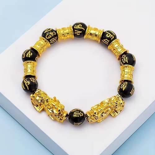 Gold Pixiu Obsidian Bracelet Mantra Beads Good Luck Jewelry
