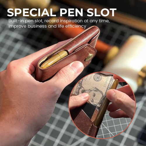 Multifunctional Compact Leather Wallet with Pen Slot