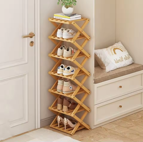 8 Layer Foldable Bamboo Shoe Rack X Shaped Space Saving