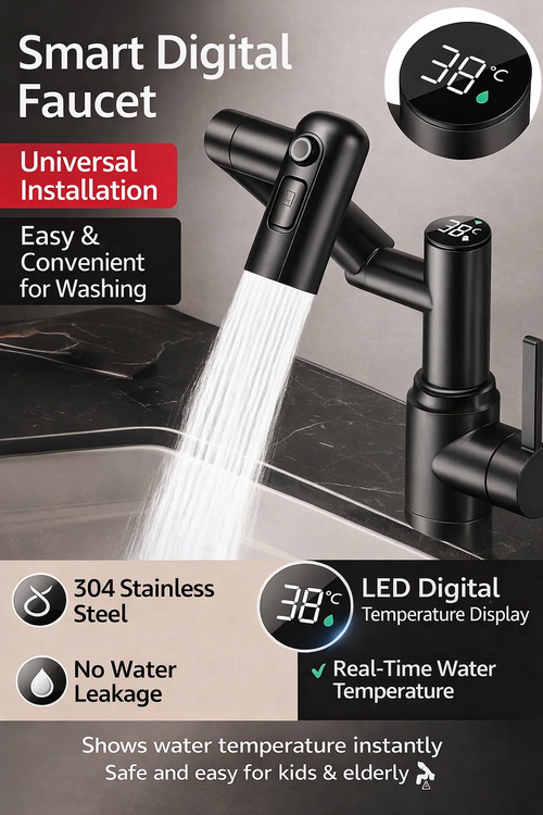 Smart LED Digital Faucet with Temperature Display | 304 Stainless Steel Kitchen & Bathroom Tap in Ghana