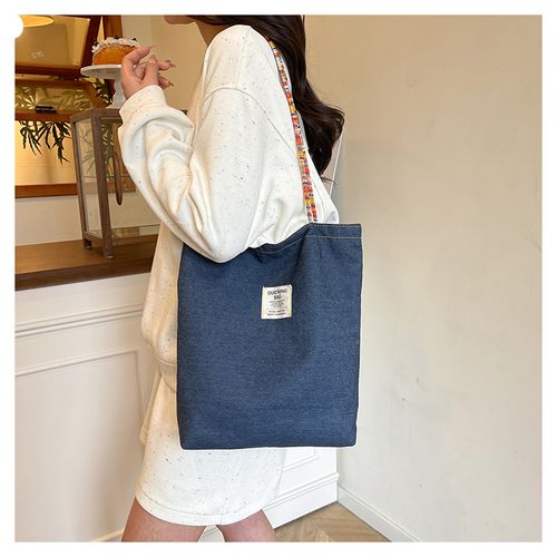 Bag Lady 2026 New Vintage Check Denim Canvas Bag - Versatile Commute Tote Bag with Two Faces and Single Shoulder Strap