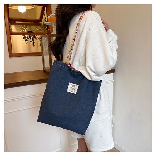 Bag Lady 2026 New Vintage Check Denim Canvas Bag - Versatile Commute Tote Bag with Two Faces and Single Shoulder Strap