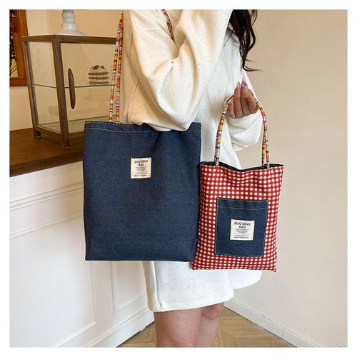 Bag Lady 2026 New Vintage Check Denim Canvas Bag - Versatile Commute Tote Bag with Two Faces and Single Shoulder Strap