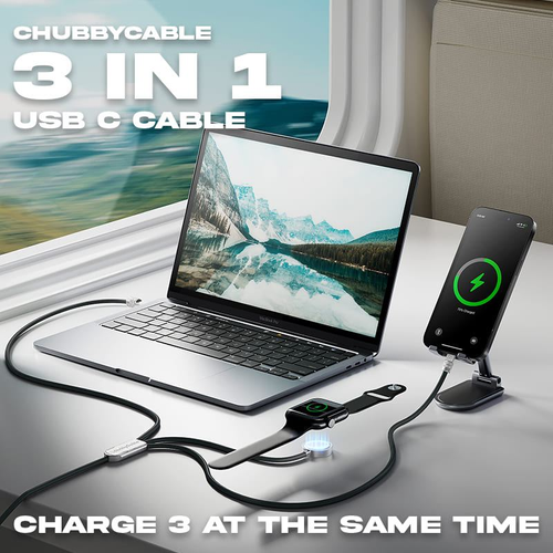 ChubbyCable Tri-Flex™ 100W 3-in-1 Fast Charging Cable with Soft Silicone & Apple Watch Charger