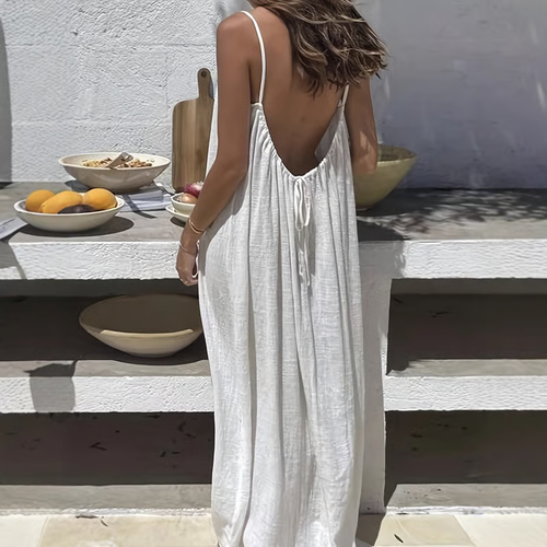 💃Backless Spaghetti Strap Cotton Long Dress（Black one size fits all）