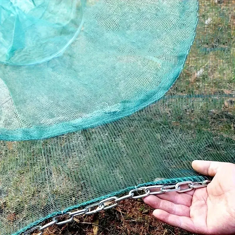 1pc Green Fishing Net with Iron Chain Pendant, Foldable, for River Pond, Fence, and Shrimp Catching