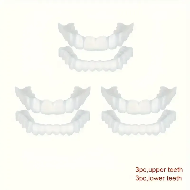 6-Pack FlexiSmile Adjustable Snap-On Veneer Teeth Covers, Comfortable Flexible White Cosmetic Dentures, Universal Fit for Upper and Lower Teeth, Plastic Material