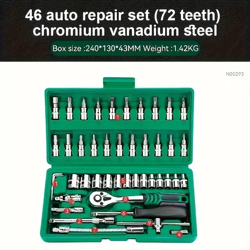 46pcs Professional Socket Set 1-4 Drive with Reversible Ratchet Wrench, Metric Sockets & Extensions for Automotive & Home Maintenance - Durable Metal Hand Tool Kit, No Power or Battery Needed