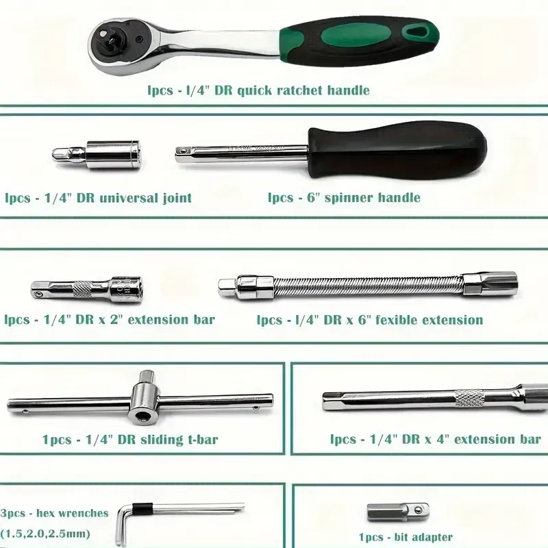 46pcs Professional Socket Set 1-4 Drive with Reversible Ratchet Wrench, Metric Sockets & Extensions for Automotive & Home Maintenance - Durable Metal Hand Tool Kit, No Power or Battery Needed