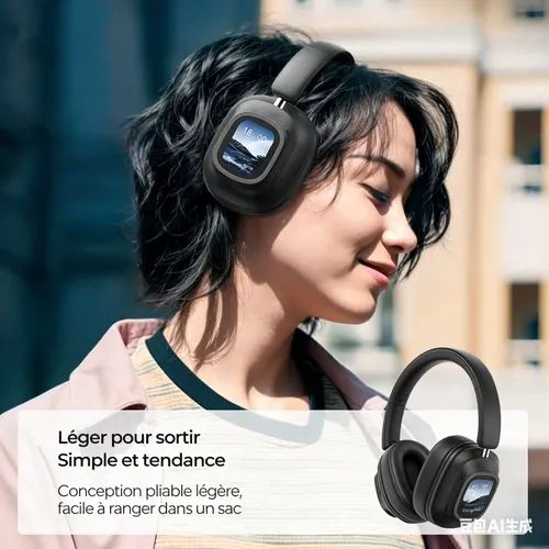 🇲🇦：سماعة رأس بلوتوث بشاشة لمس ذكية خفض ضوضاء ANC صوت باس HIFI