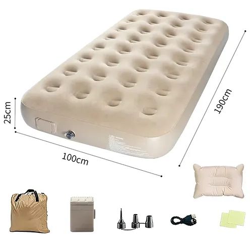 Portable, foldable air mattress with carrying bag, built-in rechargeable and detachable pump, ideal for camping and hiking.
