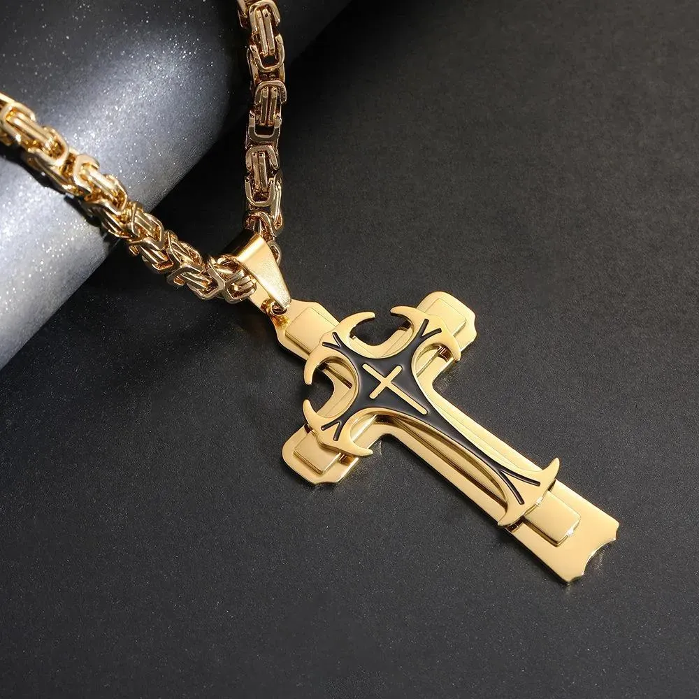 Luxury gold and silver holy cross stainless steel cross Jesus pendant necklace titanium steel hollow pendant religious Cuban chain