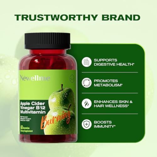 Sugar-Free Apple Cider Vinegar (ACV) Gummies with The Mother & B12, Vegan Organic Vitamin Gummies for Digestion, Energy & Metabolism,Gluten-Free, Multivitamin Support