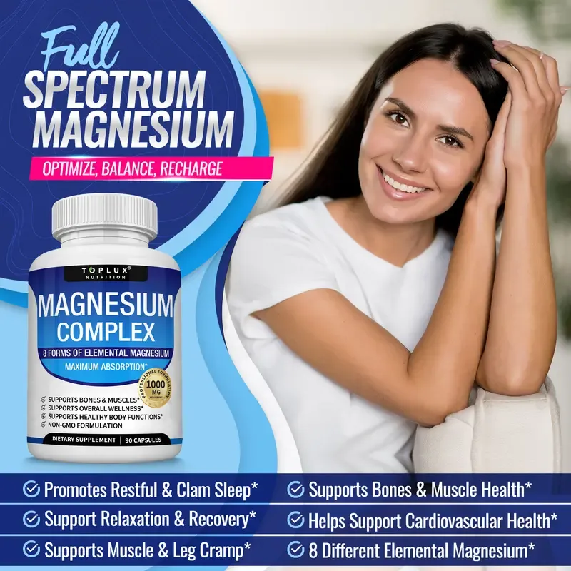 Magnesium Complex 7 Elemental Magnesium Supplement 1000mg – Magnesium Glycinate, Citrate, Malate, Taurate, Oxide, Aspartate, Orotate Non-GMO 90 Capsules