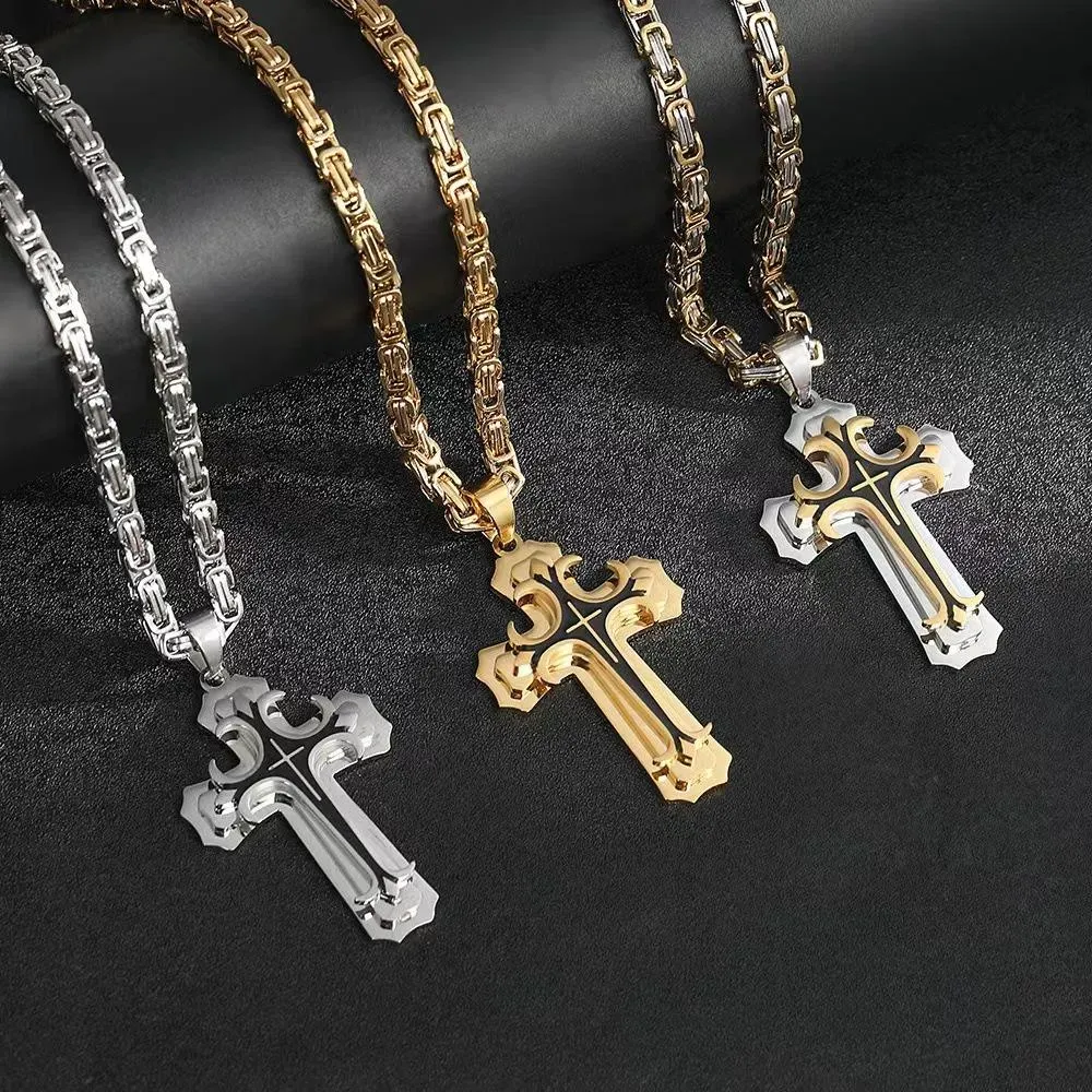 Luxury gold and silver holy cross stainless steel cross Jesus pendant necklace titanium steel hollow pendant religious Cuban chain