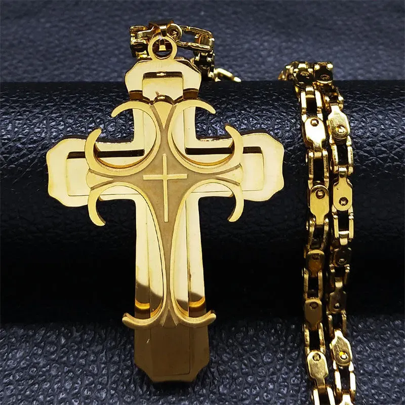 Luxury gold and silver holy cross stainless steel cross Jesus pendant necklace titanium steel hollow pendant religious Cuban chain
