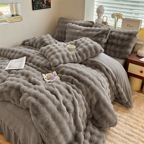 Faux Rabbit Fur Duvet Cover Set, Luxury Ultra Soft Solid Color Bedding, Warm All Season 4 Piece Set with 1 Duvet Cover and 2 Pillowcases for Bedroom, 1 sheetsSofa, Dorm