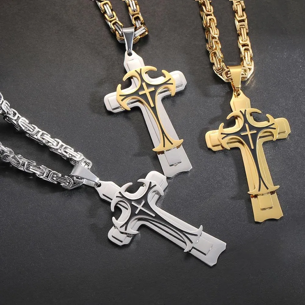 Luxury gold and silver holy cross stainless steel cross Jesus pendant necklace titanium steel hollow pendant religious Cuban chain