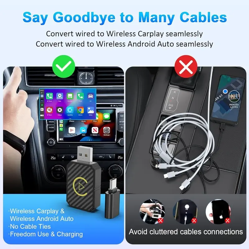 Wireless Apple CarPlay Adapter for Factory Wired Cars from 2016 Onwards - 2-in-1 Wireless CarPlay & Android Auto Adapter Easier Connectivity Compatibility Stable, Faster, Automotive