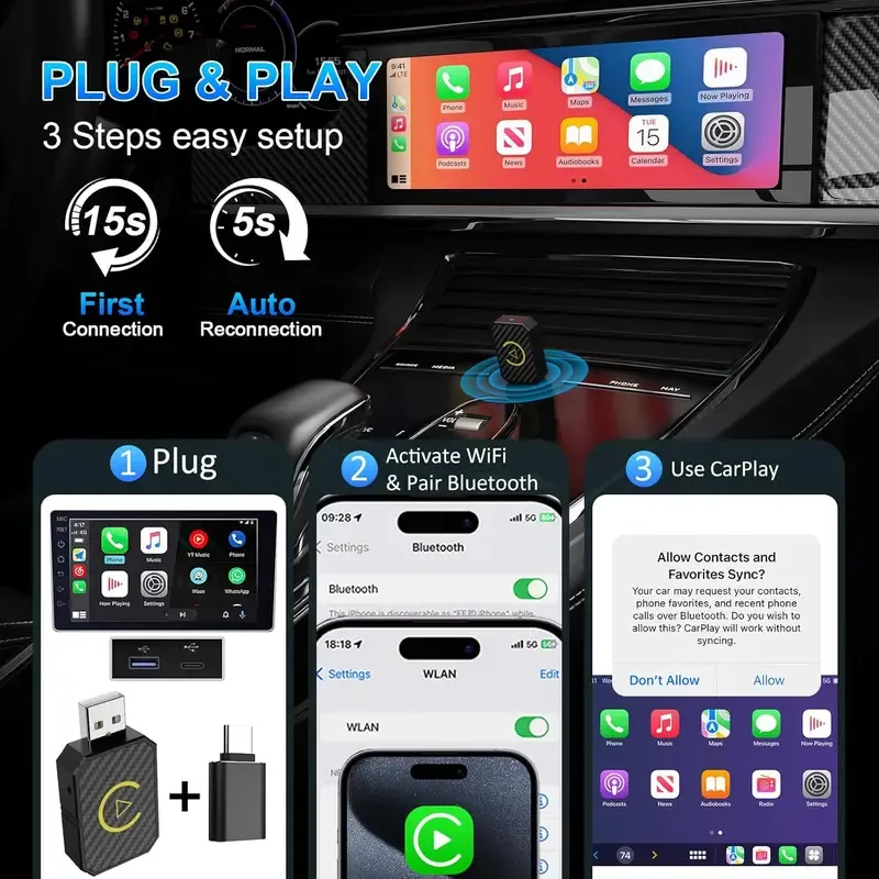 Wireless Apple CarPlay Adapter for Factory Wired Cars from 2016 Onwards - 2-in-1 Wireless CarPlay & Android Auto Adapter Easier Connectivity Compatibility Stable, Faster, Automotive