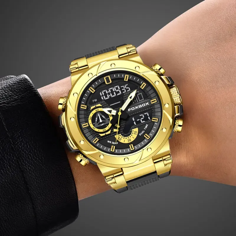 Relógio Foxbox de moda para homem, estilo desportivo com visor analógico e digital, resistência à água até 50 m e alarme integrado