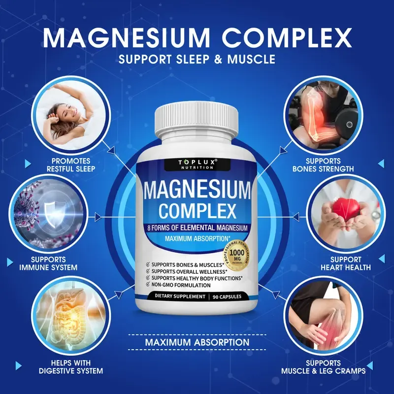 Magnesium Complex 7 Elemental Magnesium Supplement 1000mg – Magnesium Glycinate, Citrate, Malate, Taurate, Oxide, Aspartate, Orotate Non-GMO 90 Capsules